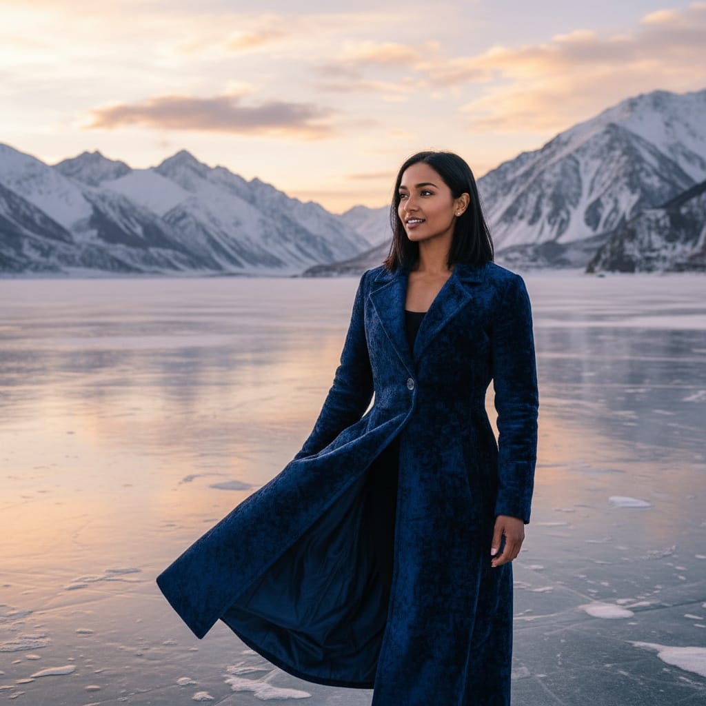 athletic indian woman frozen lake landscape 79493259