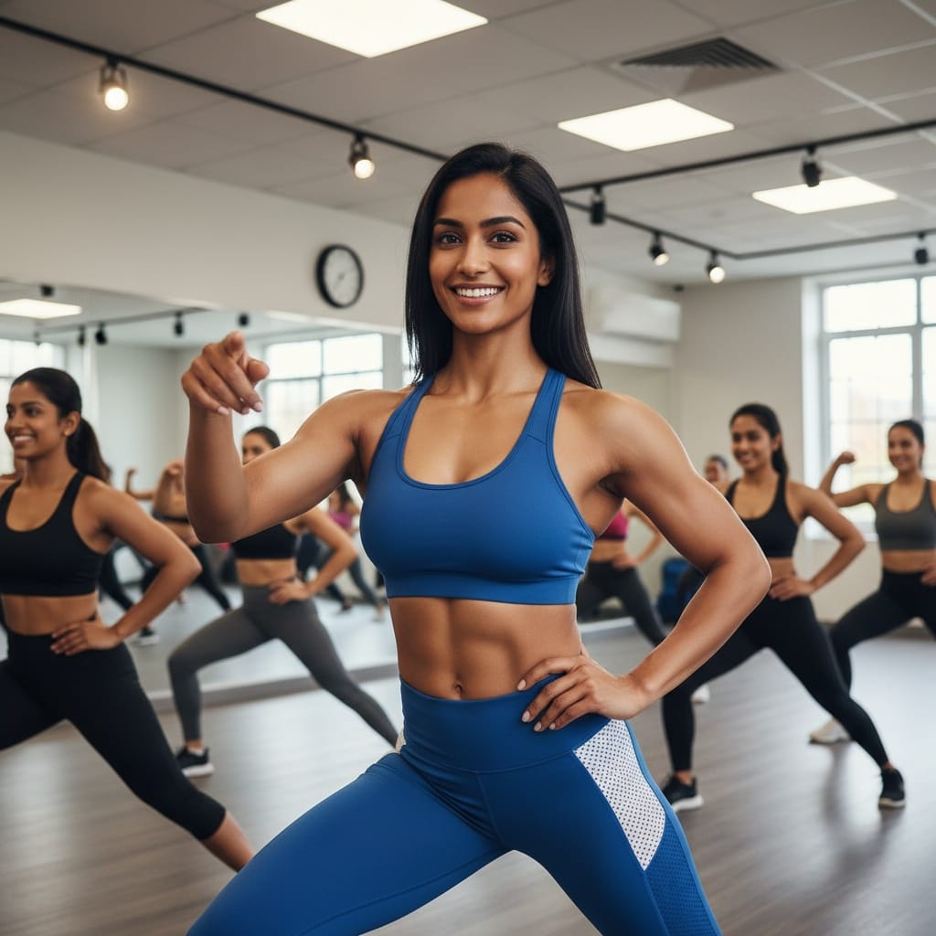 athletic indian woman group class leading 89273131