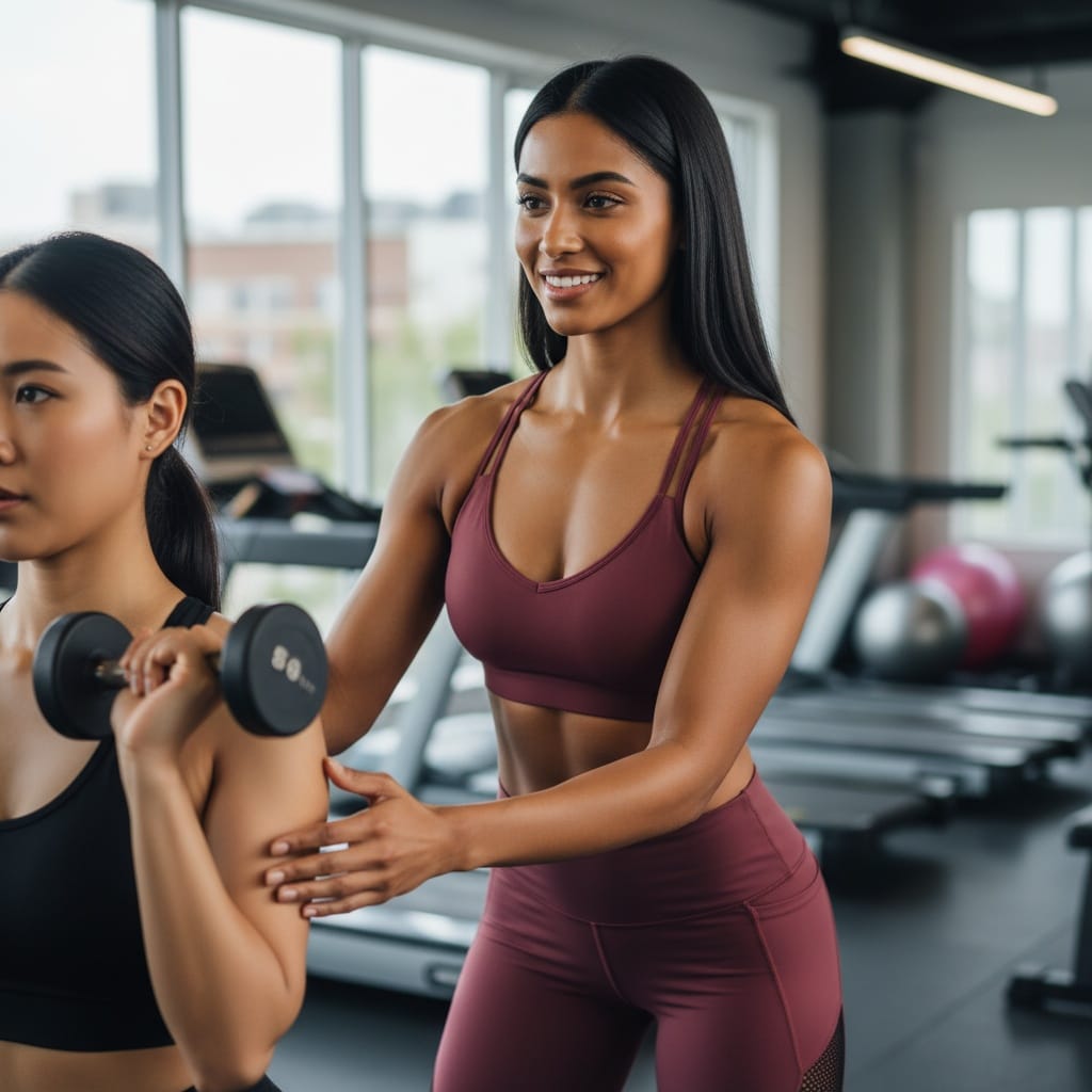 athletic indian woman gym floor training client 27077702