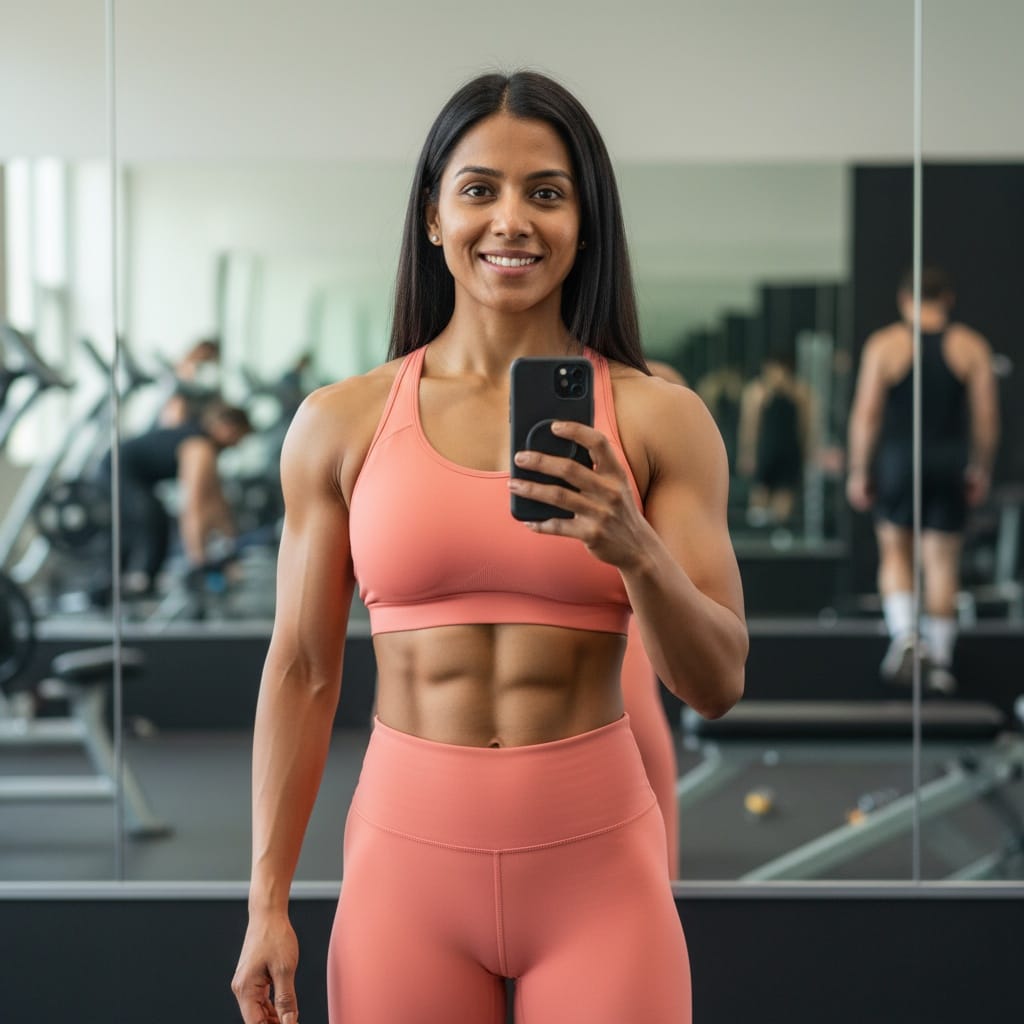 athletic indian woman gym mirror selfie style 10507857