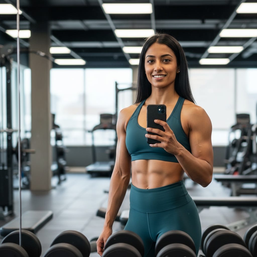 athletic indian woman gym mirror selfie style 55109503