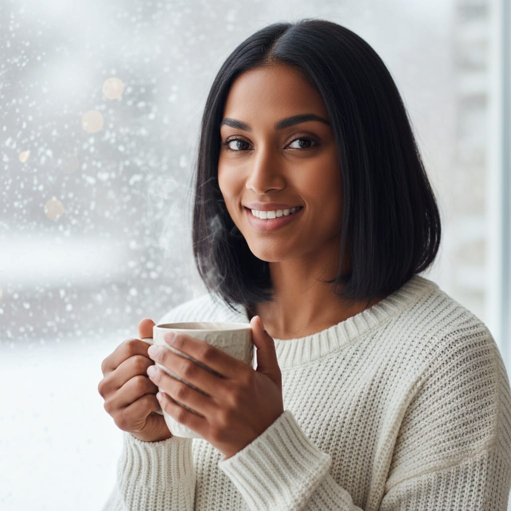 athletic indian woman hot chocolate closeup 32431611