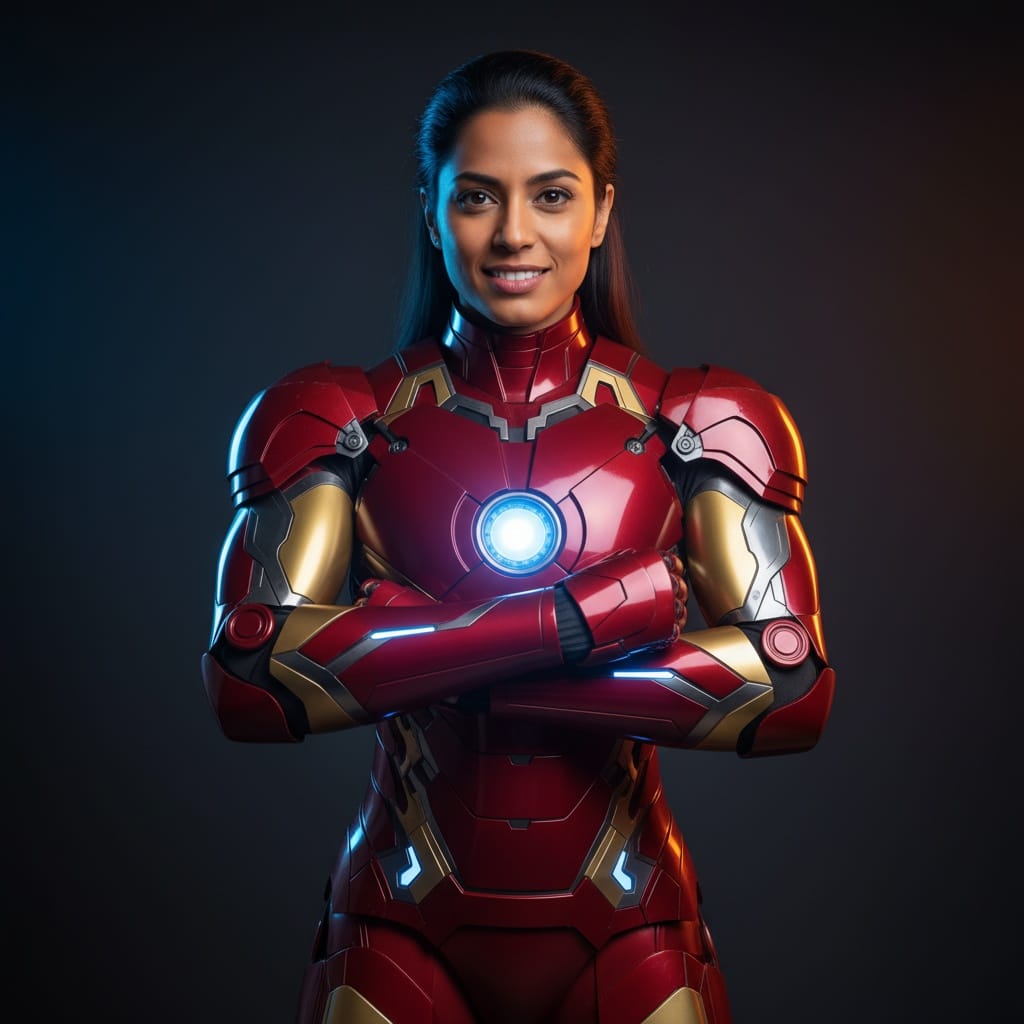 athletic indian woman iron man suit heroic pose 74621998