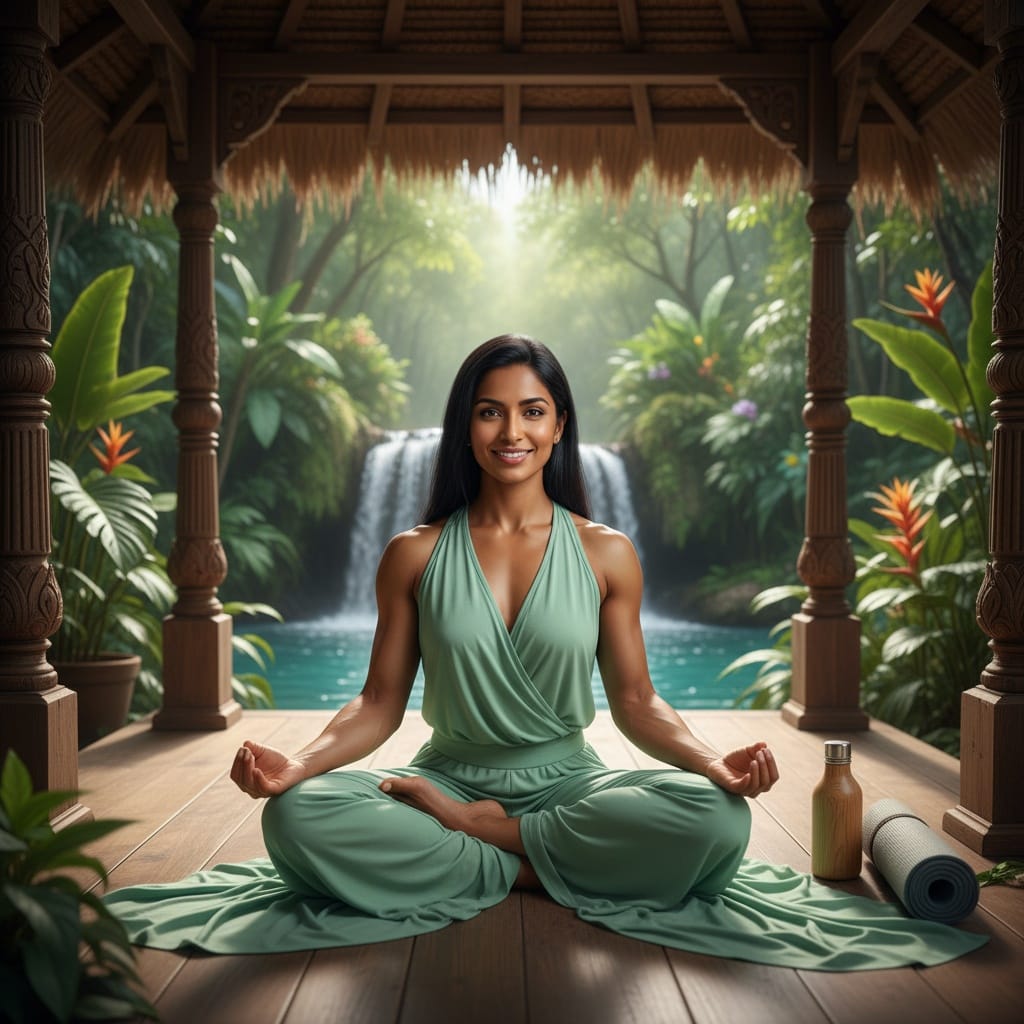 athletic indian woman jungle meditation pavilion 50018068