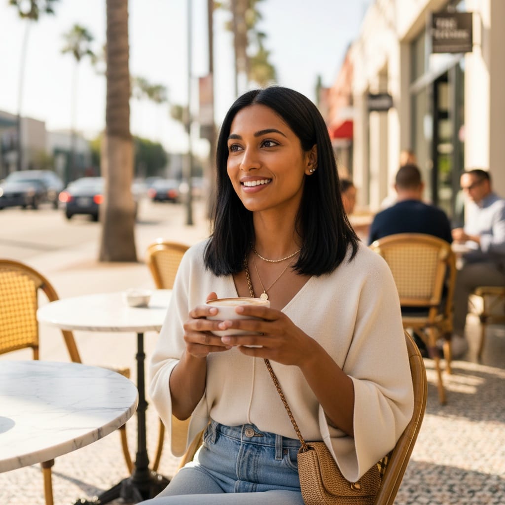 athletic indian woman la cafe outdoor lifestyle 94681617