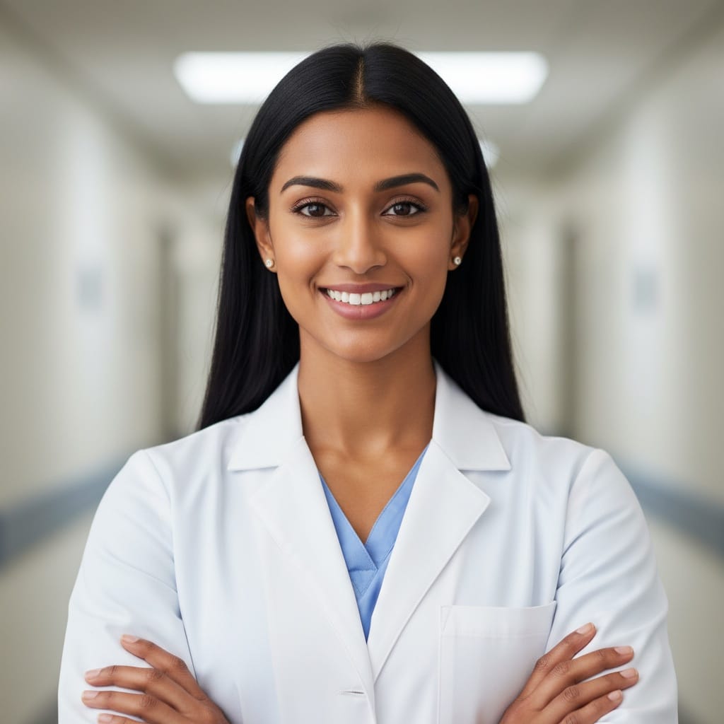 athletic indian woman lab coat arms crossed 61155305