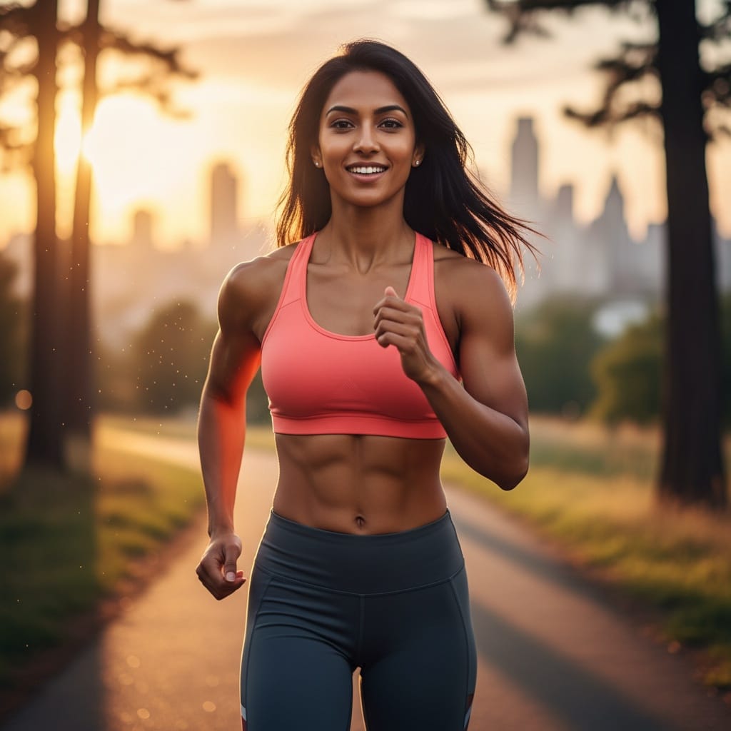 athletic indian woman outdoor running golden hour 14195185