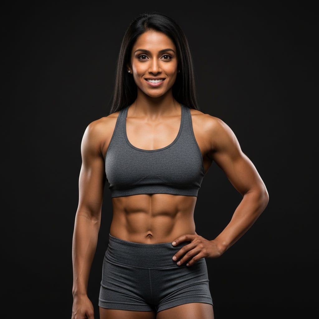 athletic indian woman physique studio portrait 90936439