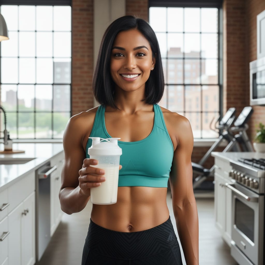 athletic indian woman post workout protein shake 36792004