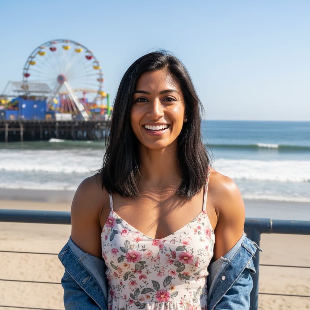 athletic indian woman santa monica pier lifestyle 93776238