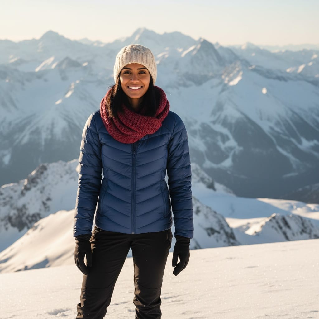 athletic indian woman snowy mountain portrait 70194656
