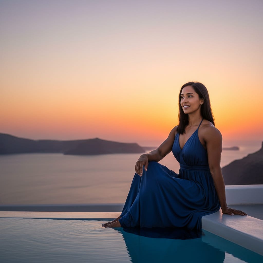 athletic indian woman sunset caldera view 21243462