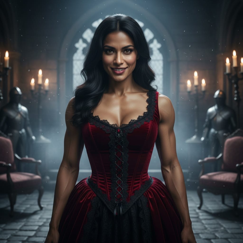 athletic indian woman vampire gothic castle 62938001