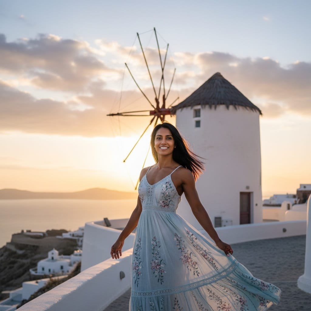 athletic indian woman windmill golden hour 62789578