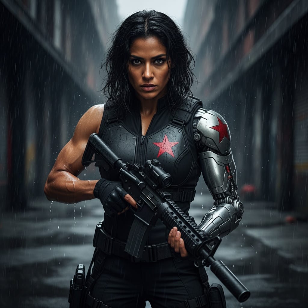 athletic indian woman winter soldier assassin mode 98806126