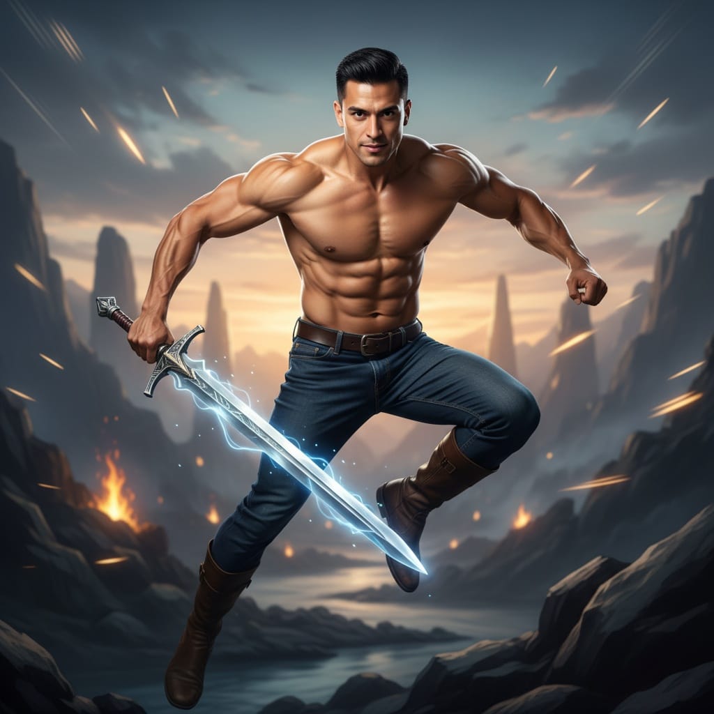 athletic latino man action pose mid combat 98267911