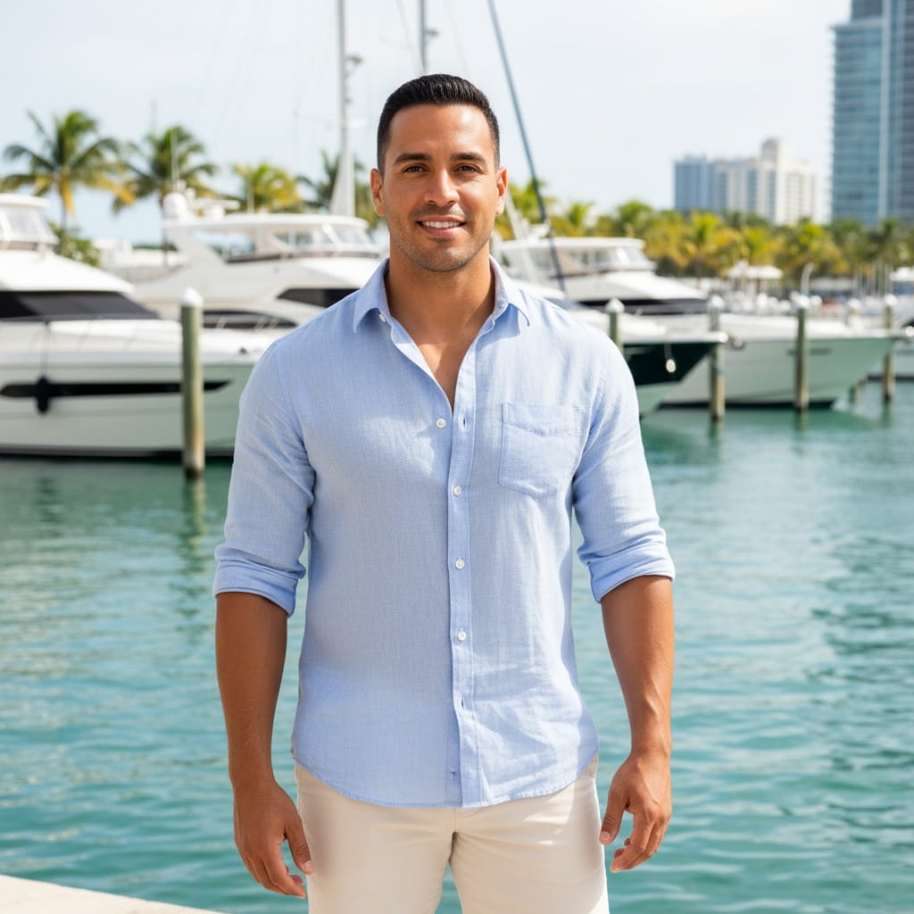 athletic latino man bayside marina boats 65931369