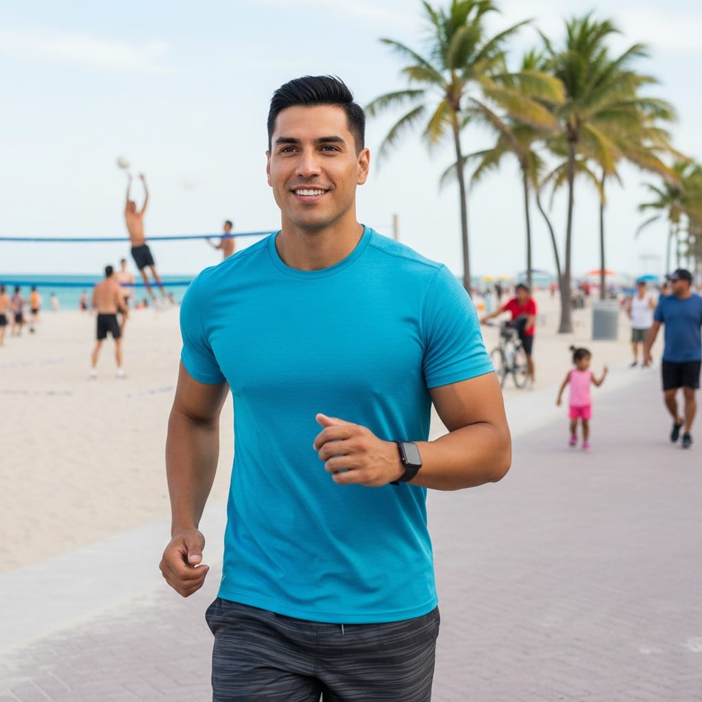 athletic latino man beach boardwalk active 49847014