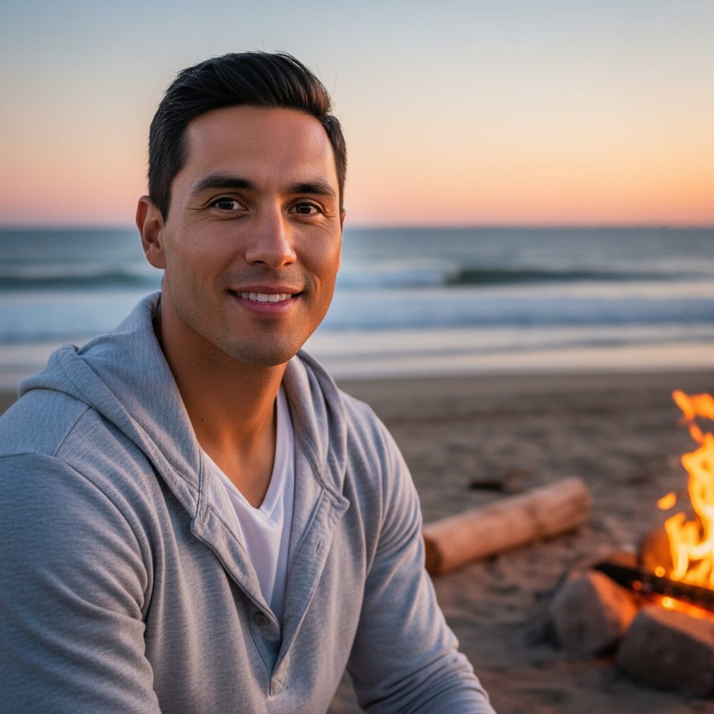 athletic latino man beach bonfire evening 15285627