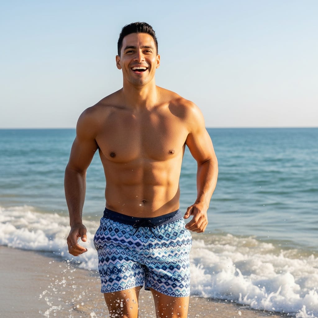 athletic latino man beach candid running 24393559