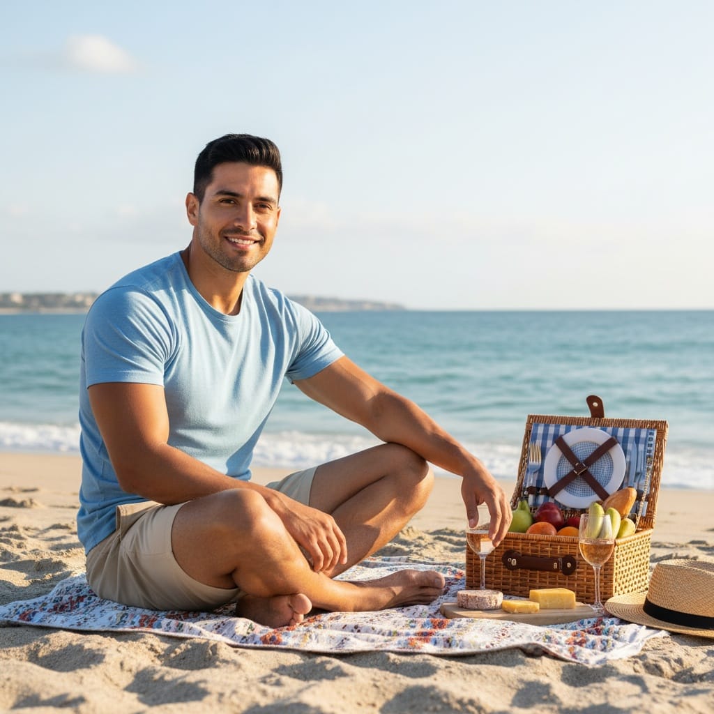 athletic latino man beach picnic lifestyle 86855684