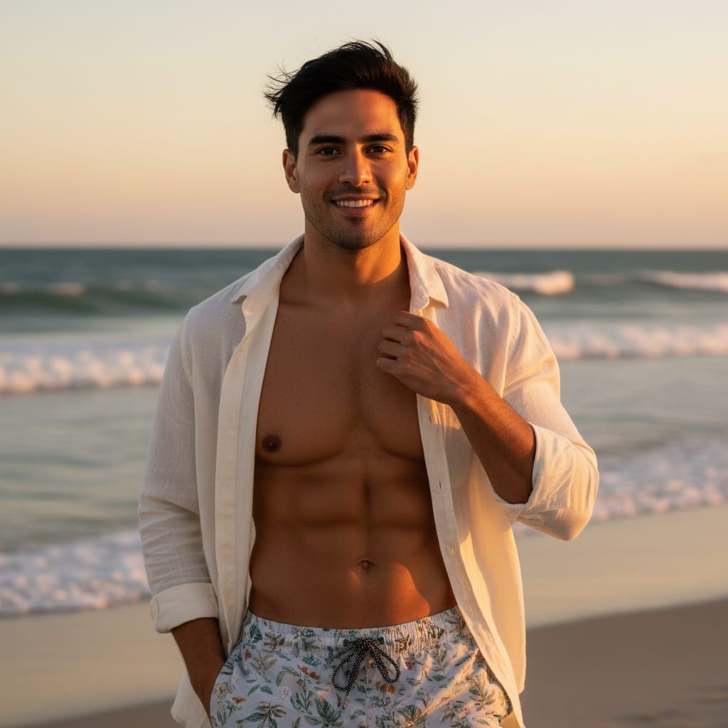 athletic latino man beach sunset golden hour 59028224