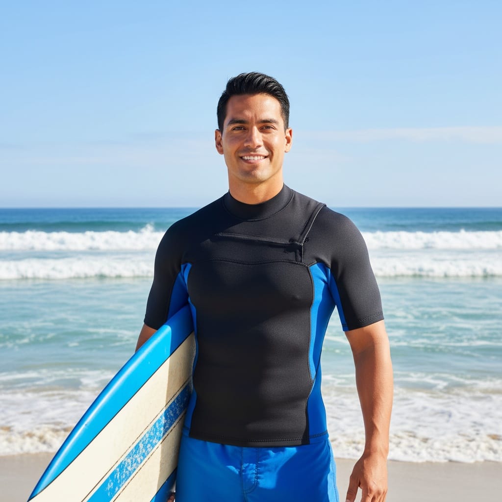 athletic latino man beach surfboard active 82149656