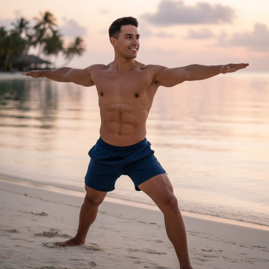 athletic latino man beach yoga sunrise 88811381