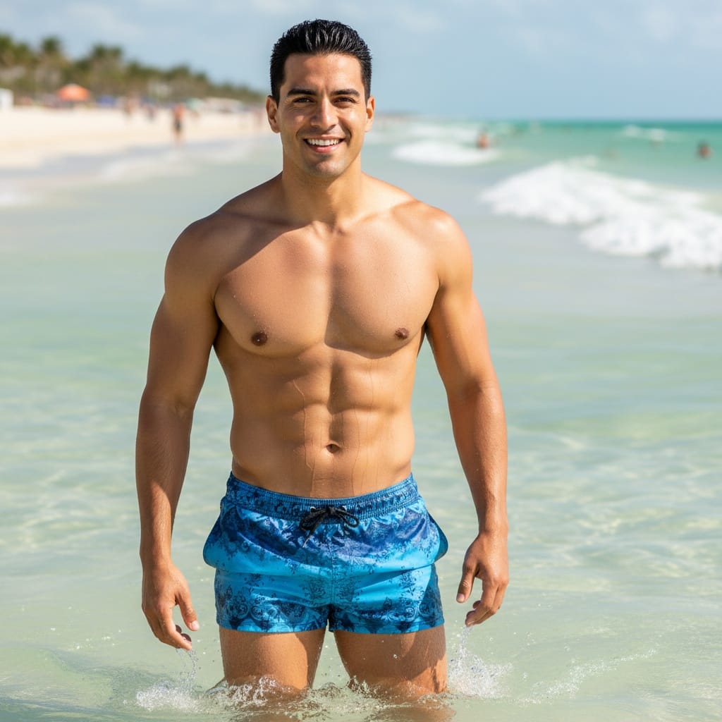 athletic latino man beachfront ocean waves 90313400