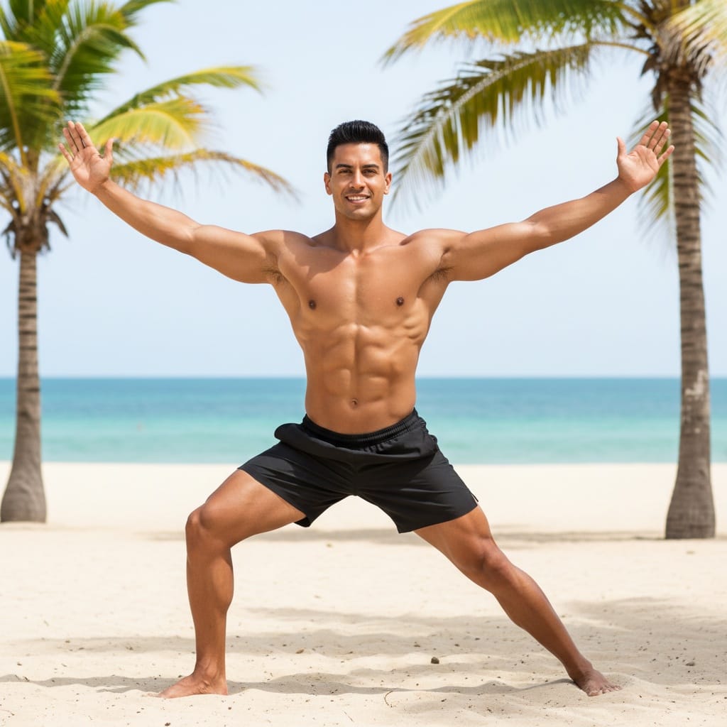 athletic latino man beachfront warrior pose 48196387