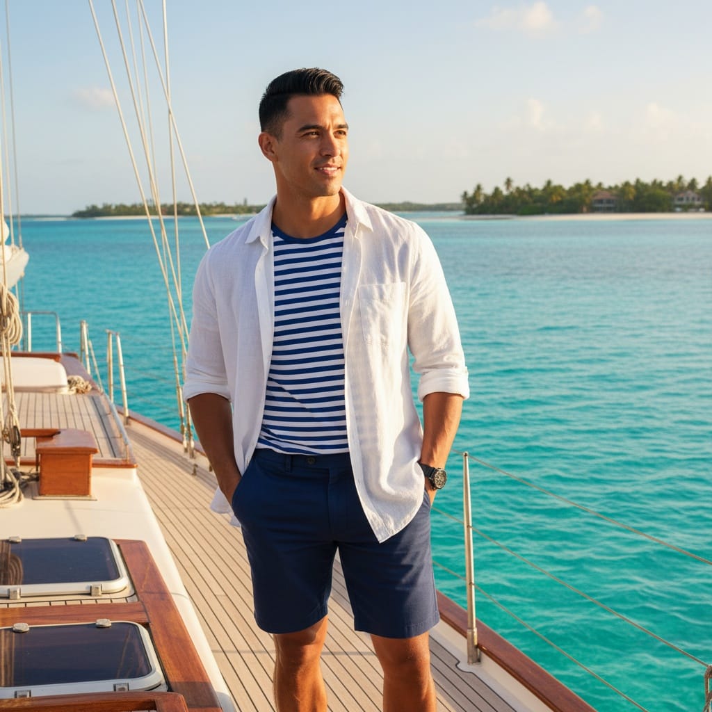 athletic latino man boat deck caribbean background 36998500