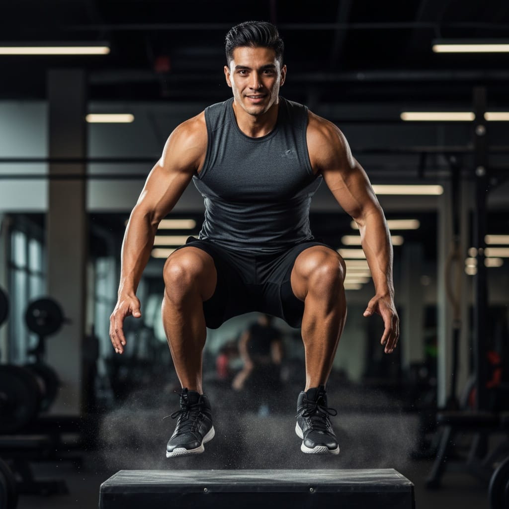 athletic latino man box jump explosive action 48773760
