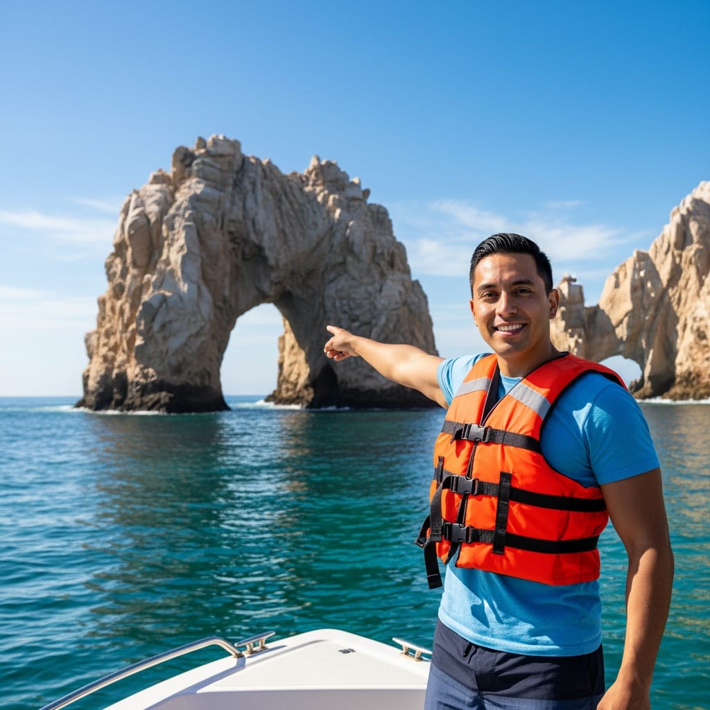 athletic latino man cabo arch boat tour 40751958