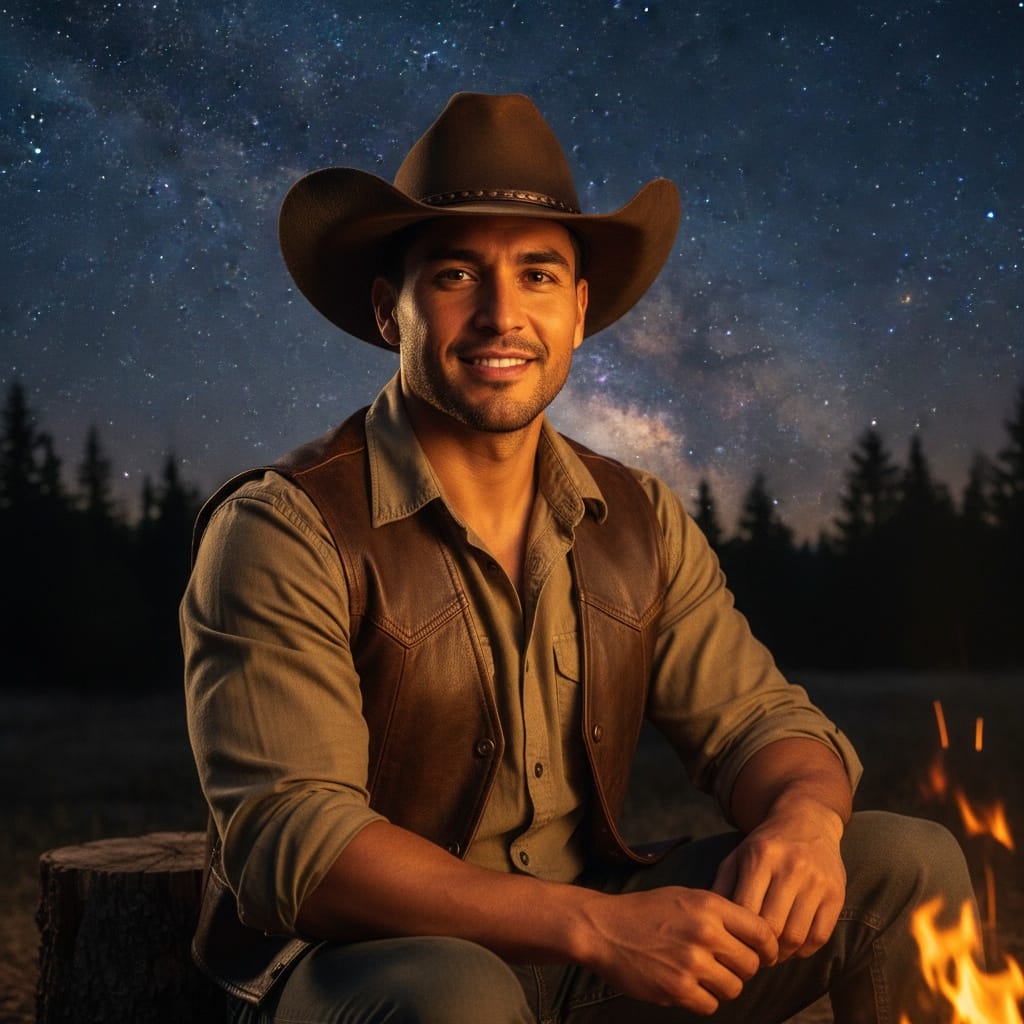 athletic latino man campfire evening portrait 11177254