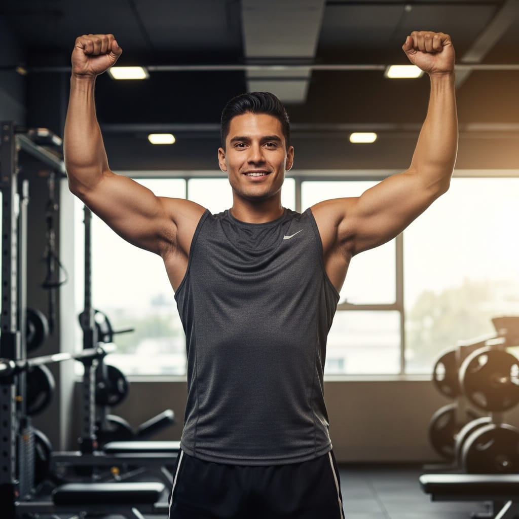 athletic latino man celebration achievement pose 49601326