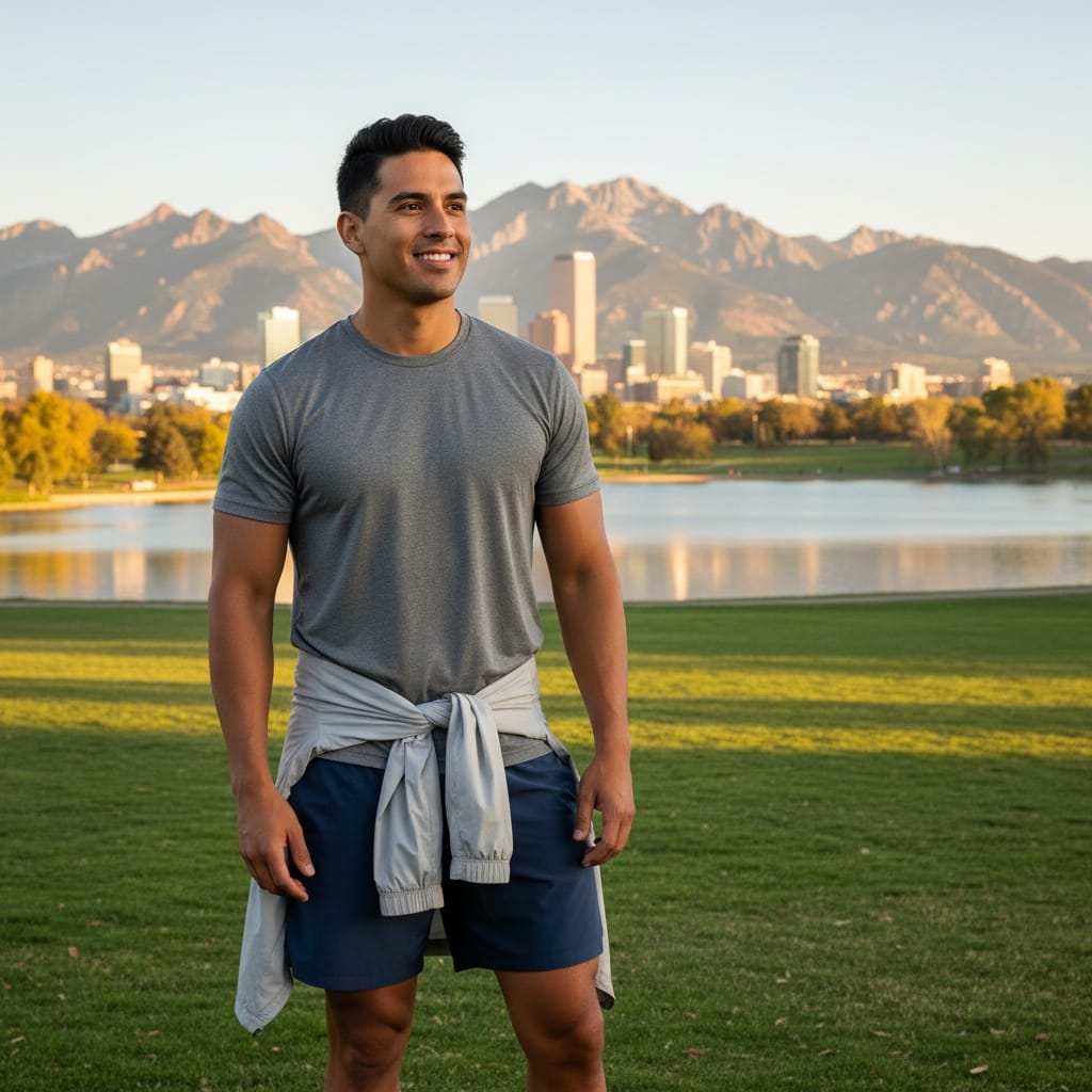 athletic latino man city park mountain backdrop 29584376