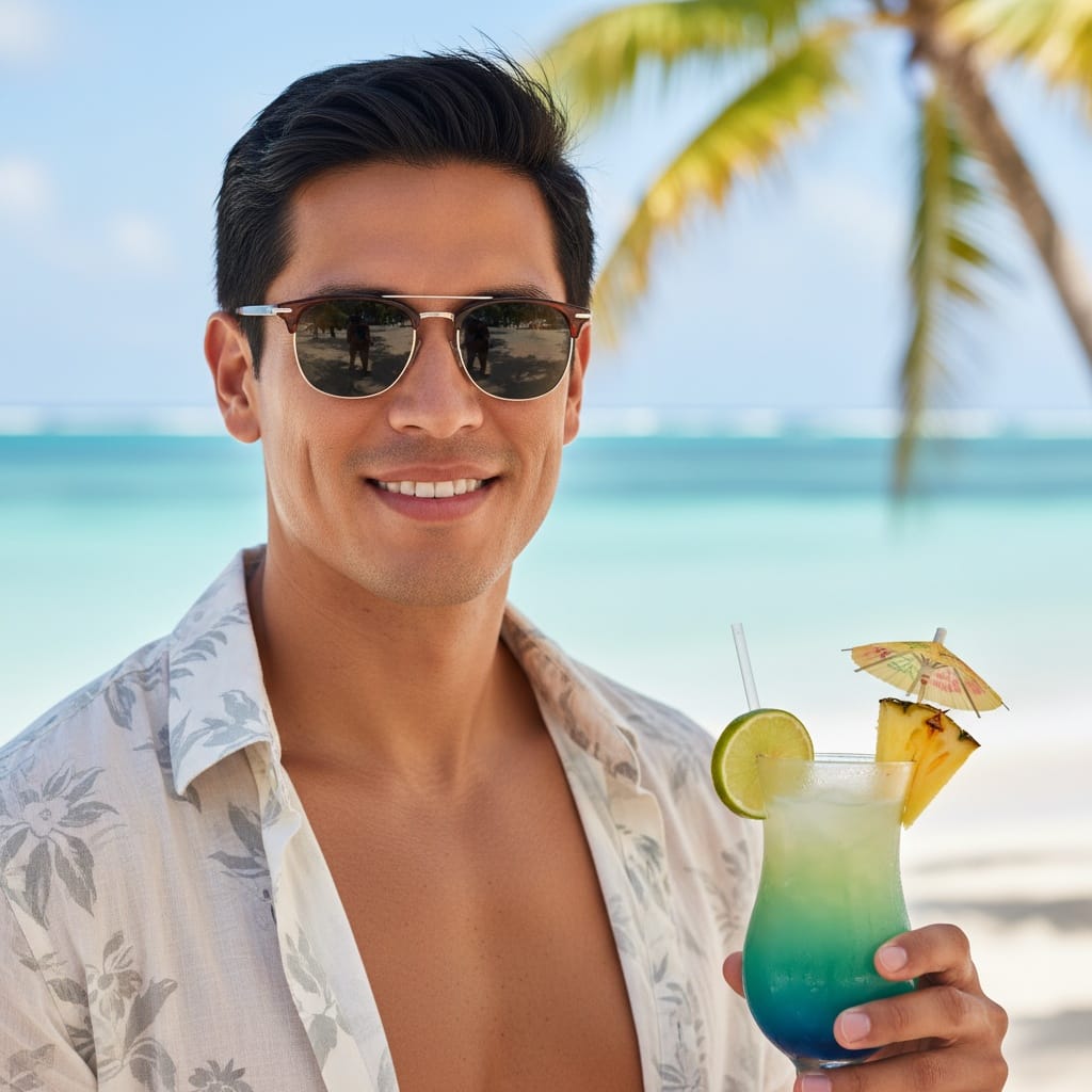athletic latino man close up tropical drink 92612413