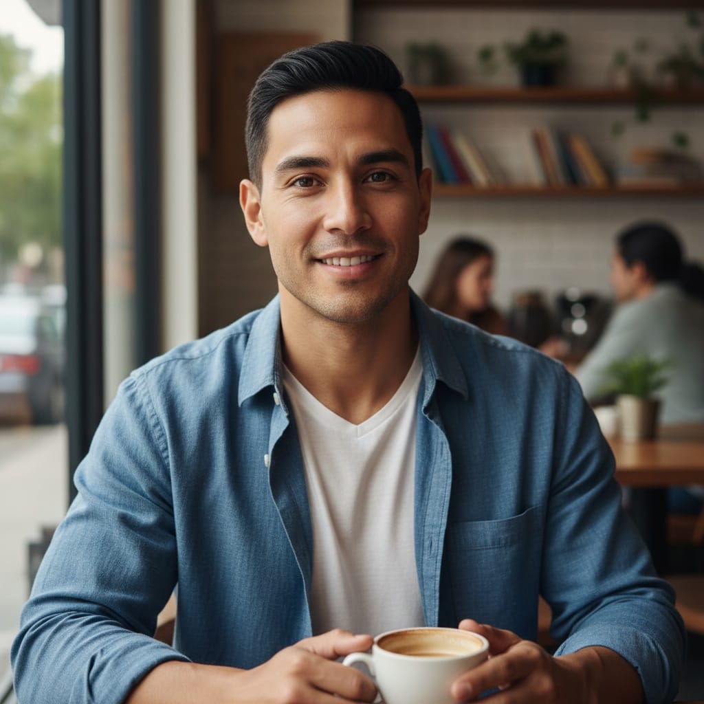 athletic latino man coffee shop casual 75469175