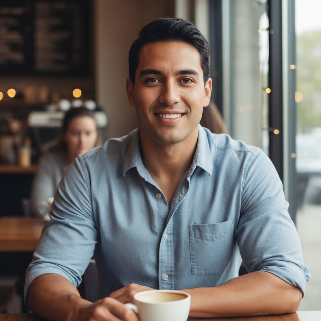 athletic latino man coffee shop casual smile 52256941