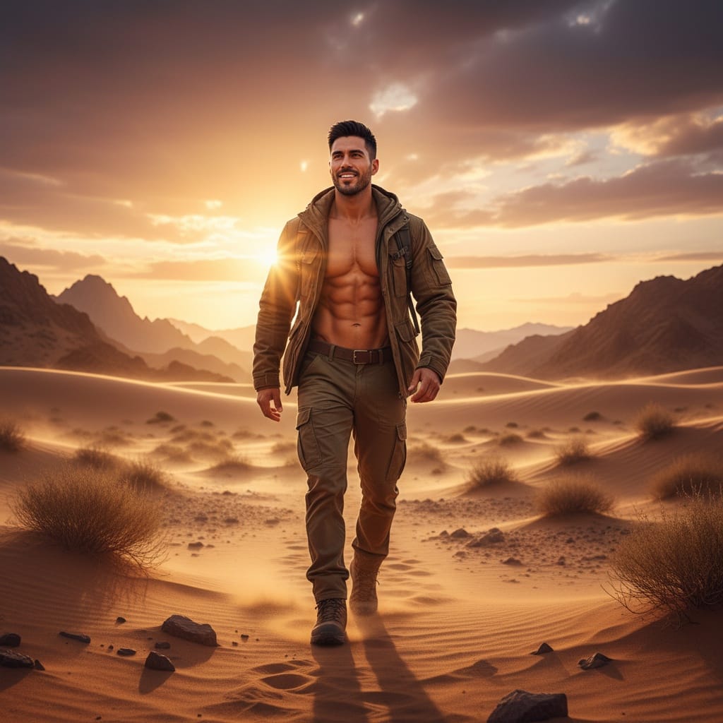 athletic latino man desert adventure hero 99600974