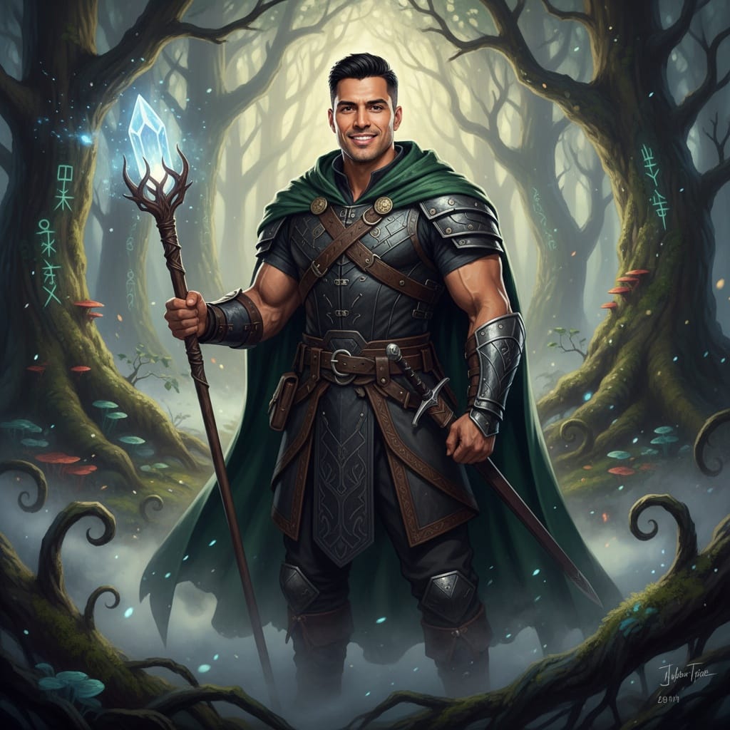 athletic latino man fantasy forest setting 87419923