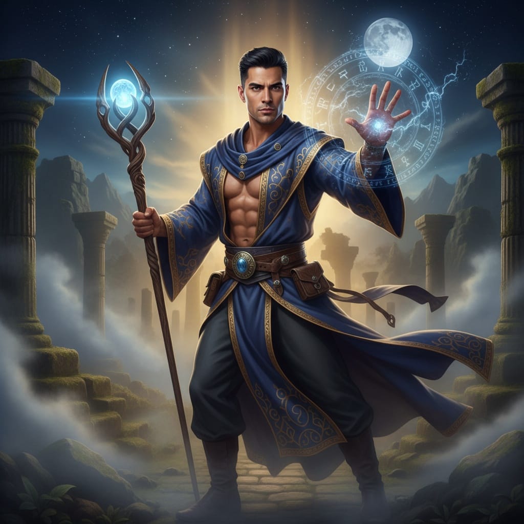 athletic latino man fantasy mage casting spell 94888393