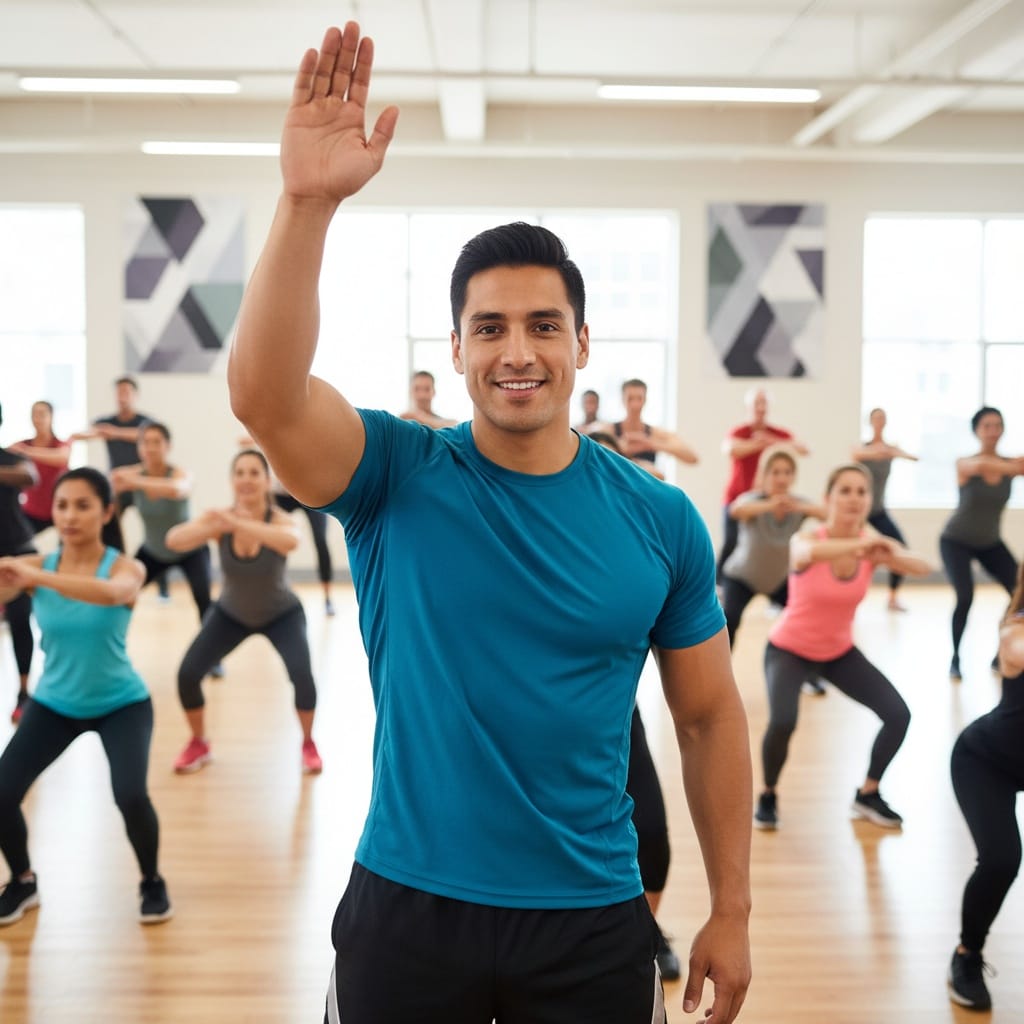 athletic latino man group fitness class energy 91837556
