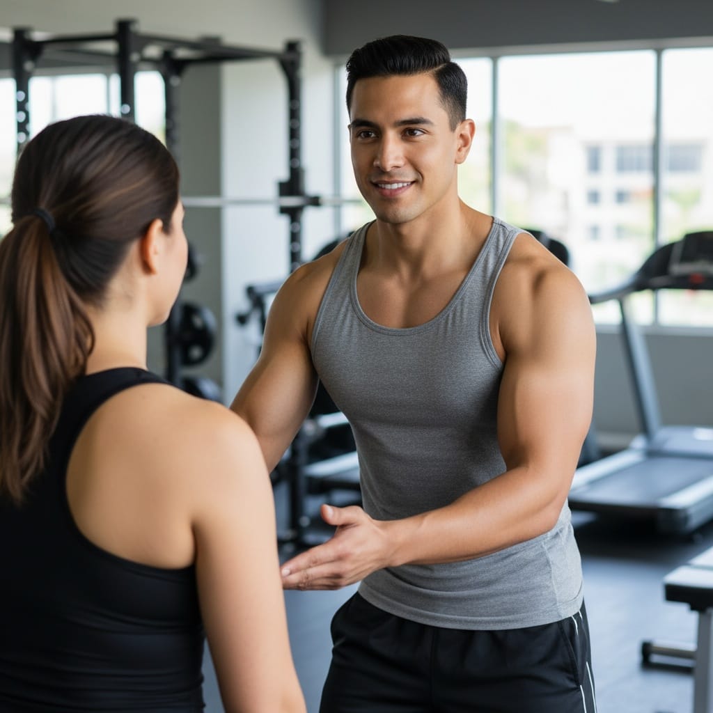 athletic latino man gym floor training client 62158303