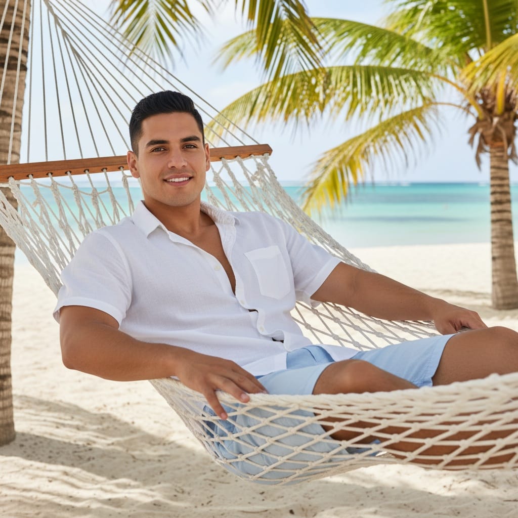 athletic latino man hammock palm trees beach 88161003