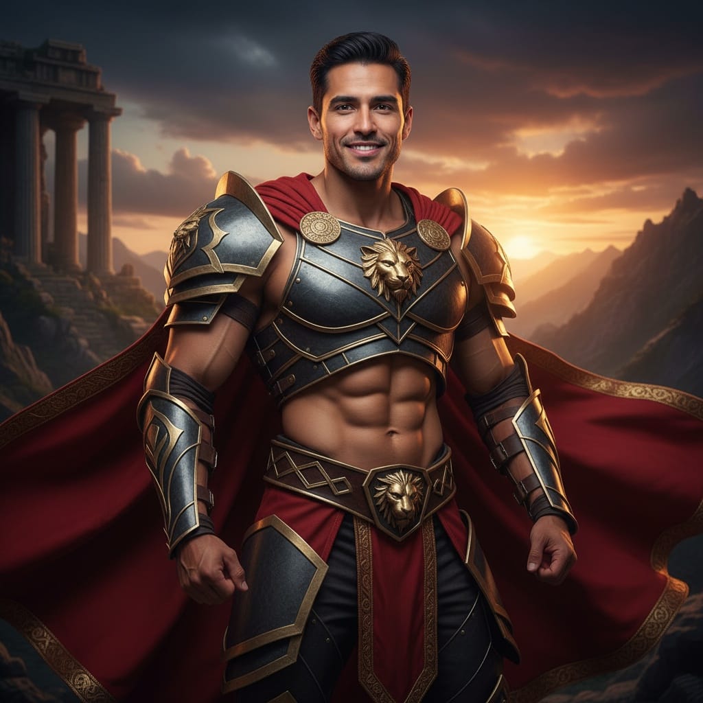 athletic latino man heroic pose dramatic lighting 72942436