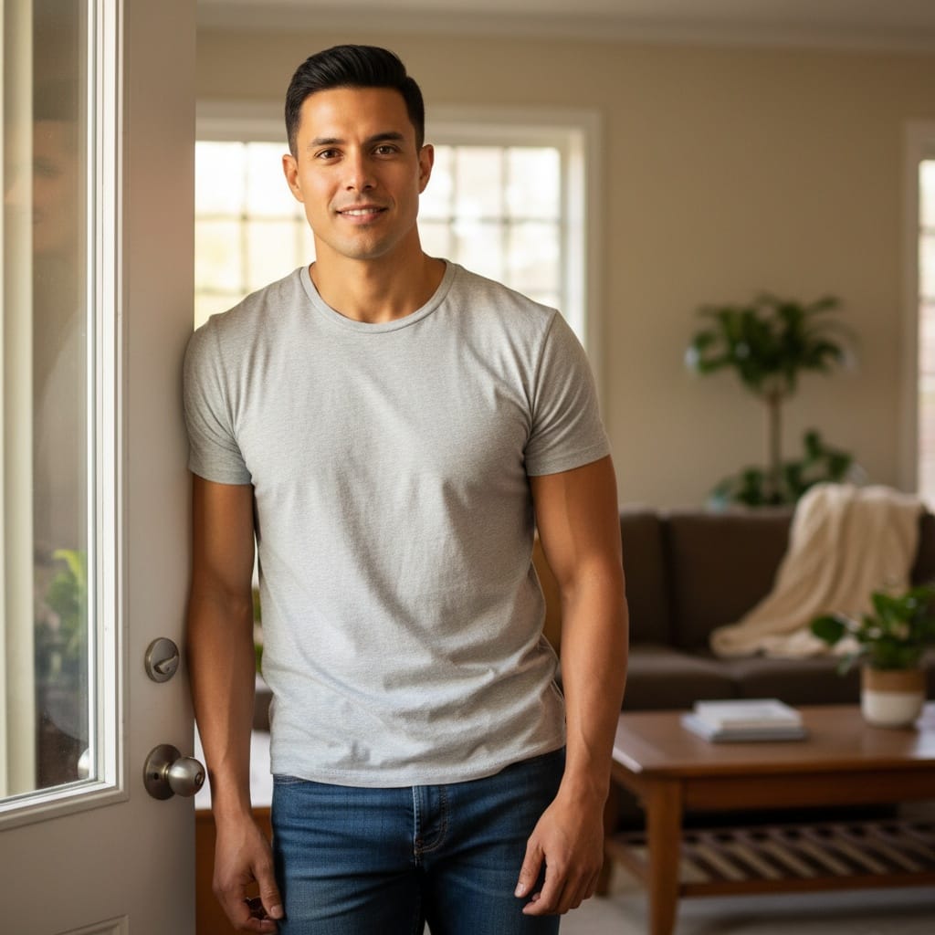 athletic latino man home interior natural authentic 88629293