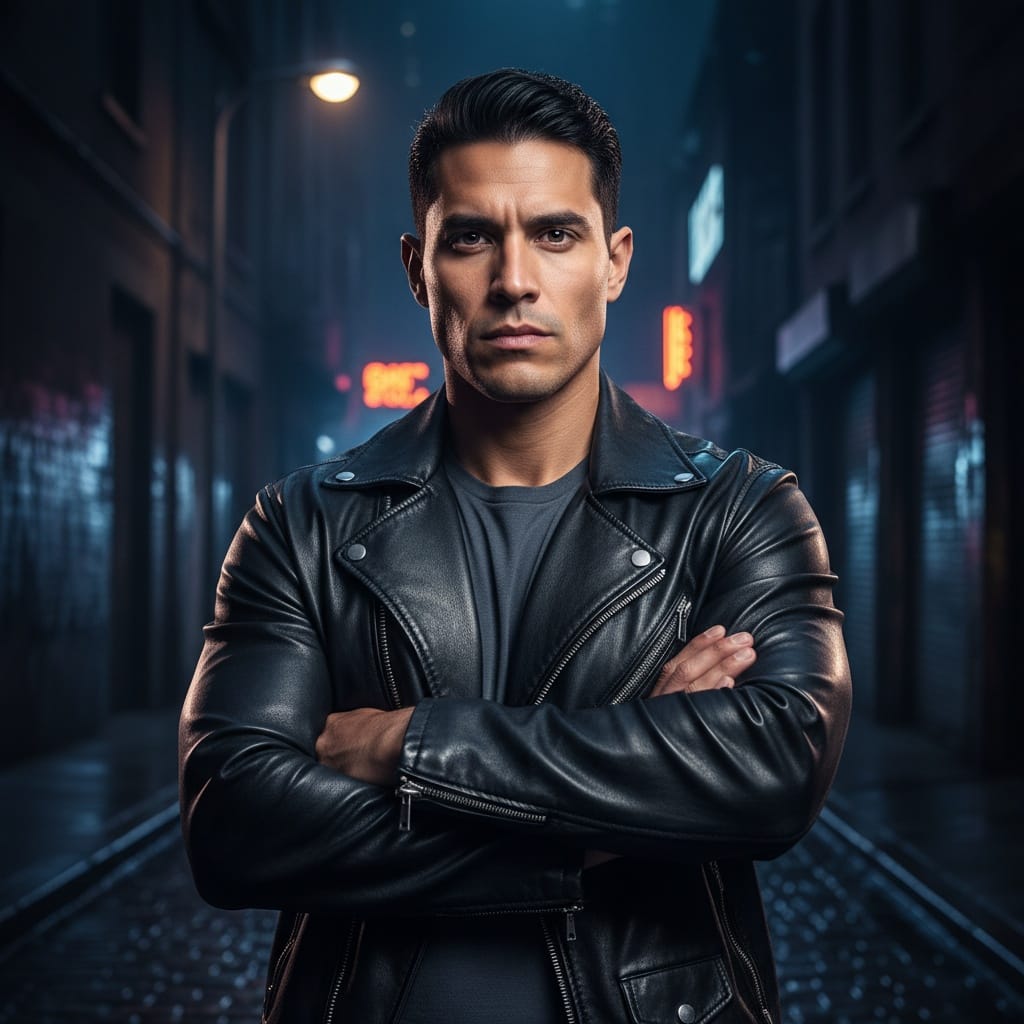 athletic latino man leather jacket hero pose 20033554