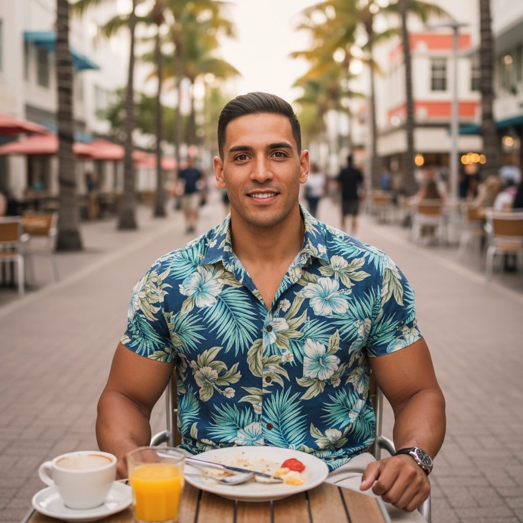 athletic latino man lincoln road outdoor cafe 83885080