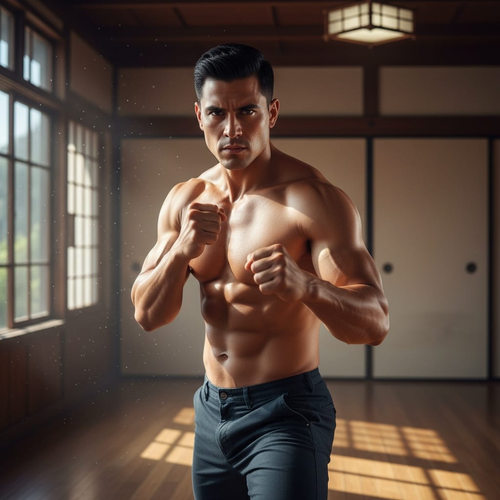athletic latino man martial arts fighter stance 38312355